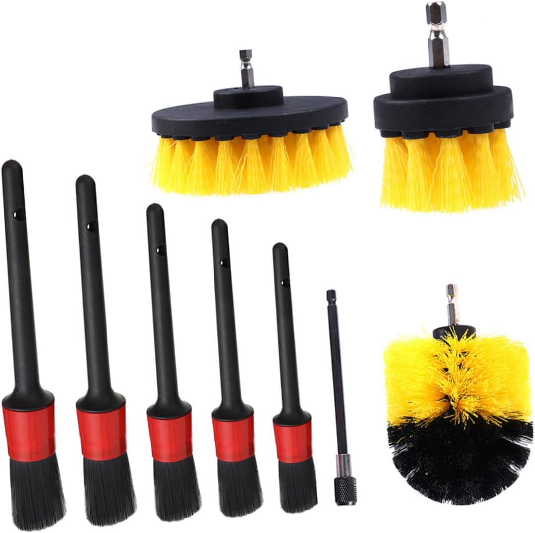 9pcs Power Drill Brush Attachment Set for Car Cleaning and Auto Detailing, Yellow Drill Scrubber Brushes for Interior, Upholstery, Carpet, Window, and Floor Cleaning