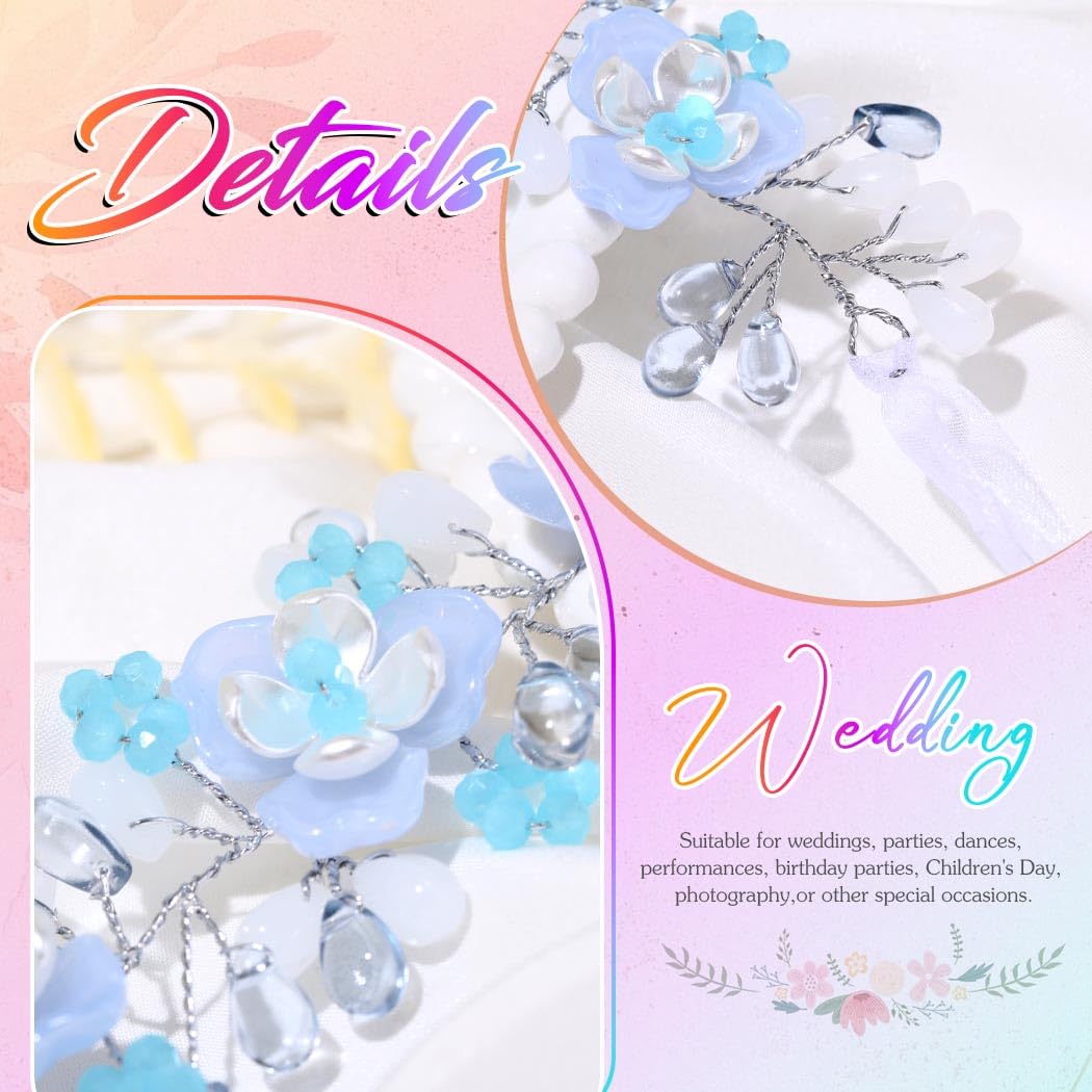 IYOU Fille de Fleur Serre-tête Bleu Fleuri Princesse Pièce de tête Cristal Communion Mariée Mariage Accessoires de Cheveux pour Filles