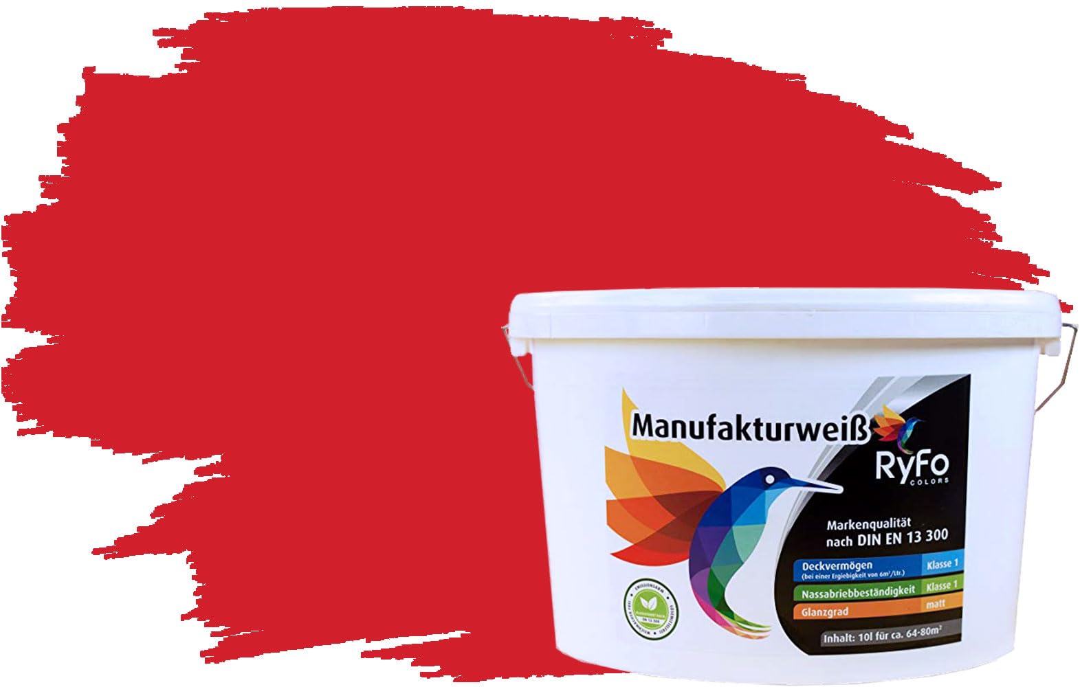 RyFo Colors Bunte Wandfarbe Manufakturweiß Feuerrot 10l - weitere Rot Farbtöne und Größen erhältlich, Deckkraft Klasse 1, Nassabrieb Klasse 1