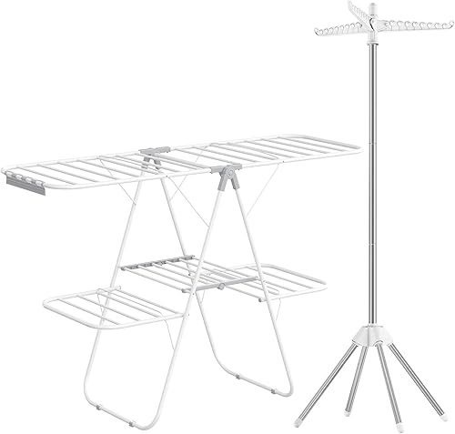 SONGMICS ULLR510W01 y ULLR053G01 - Tendedero de secado de ropa de 59 pulgadas y 2 niveles con 3 brazos, color blanco y plateado, blanco y gris