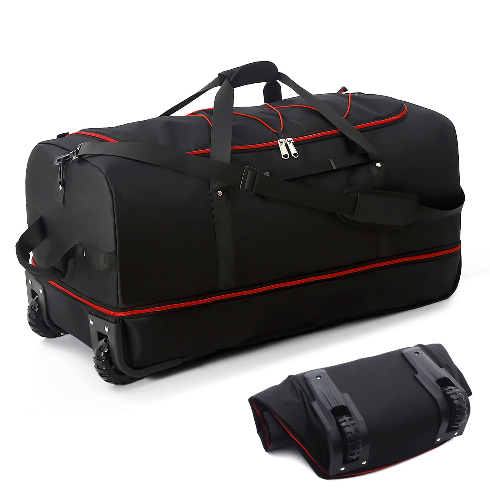 Bagenerous 32” Foldable Duffel Bag with 2 Wheels,110L 140L Expandable Rolling Travel Bag with Multiple Compartments,Black Red