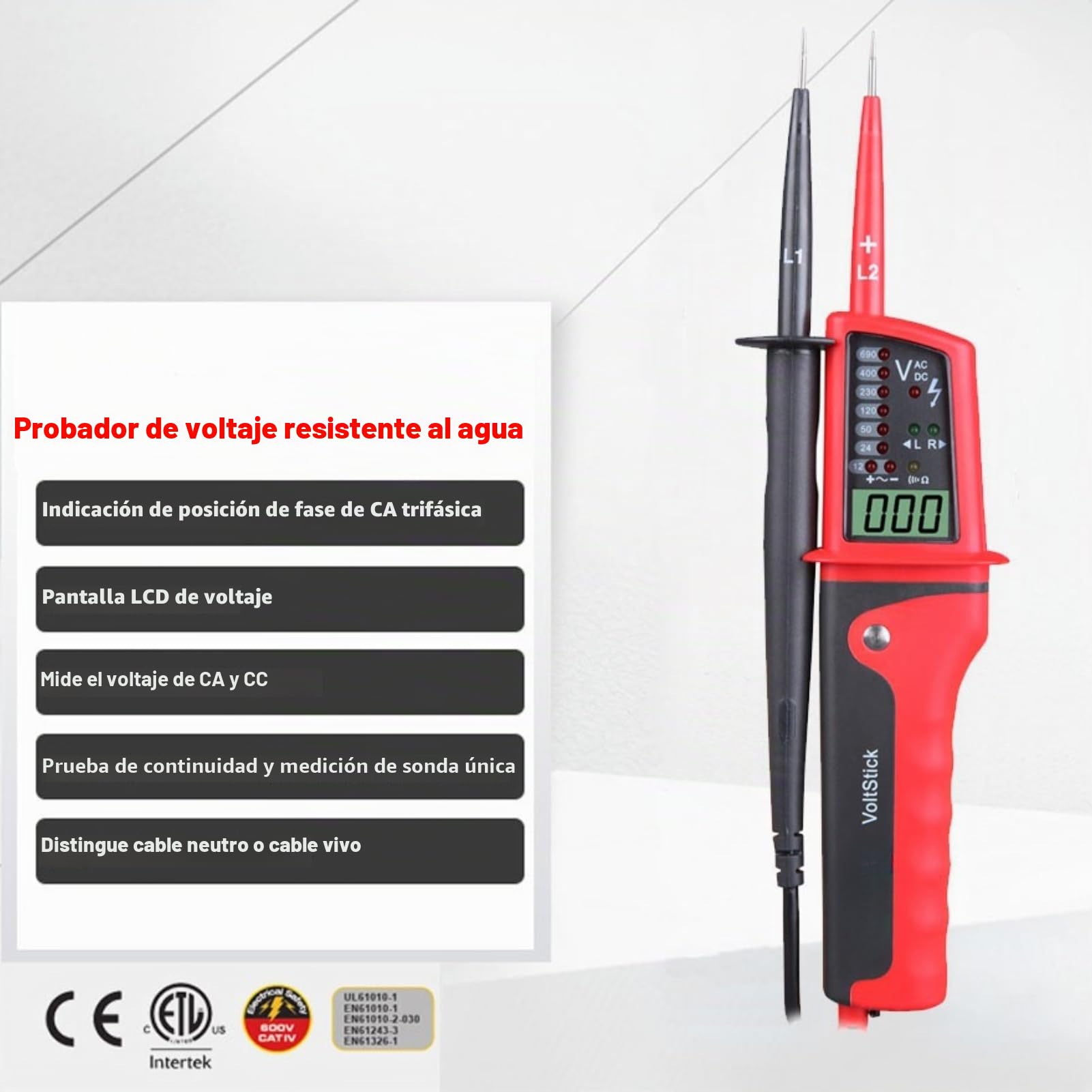 Jadeshay Probador de Voltaje y Continuidad,12V-690V CC e CA Universale Comprobador de Voltaje Medidor Tester Detección de Voltaje de Rango Automático Impermeable con Pantalla Digital y Indicador LED