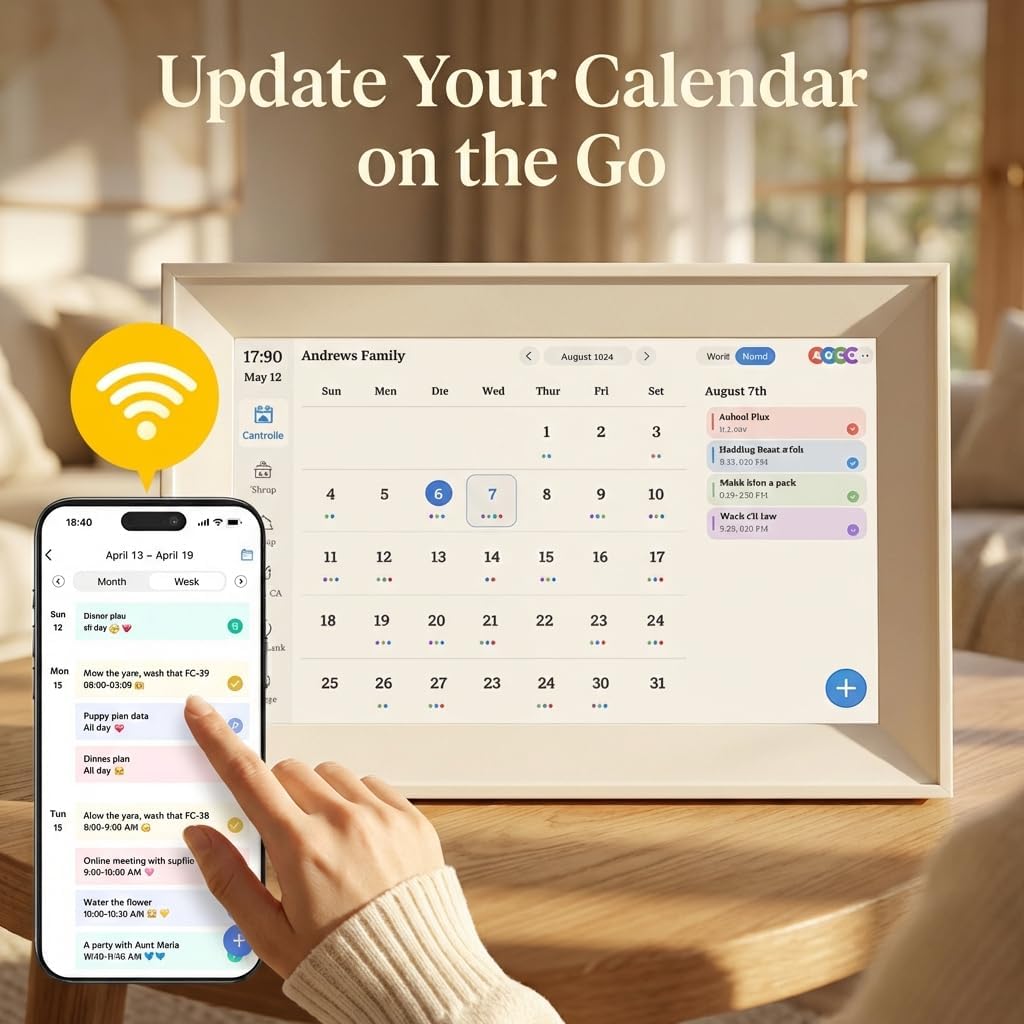 10.1" Smart Family Calendar, Touchscreen All-in-One Planner & Chore/Meal Chart, Wi-Fi Sync with Google/Outlook/iOS, Shared Reminders & App Control, Desk/Wall Organizer + Digital Photo Frame (Black)