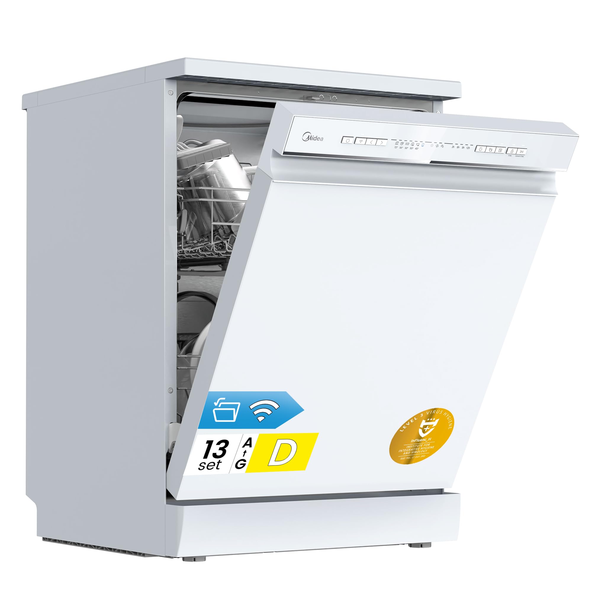 Midea MDWPF1333CW-WD-EU Lavastoviglie Libera Installazione con 13 coperti, 8 Programmi, Partenza Ritardata, Funzione di Mezzo Carico, Asciugatura Extra - Bianco