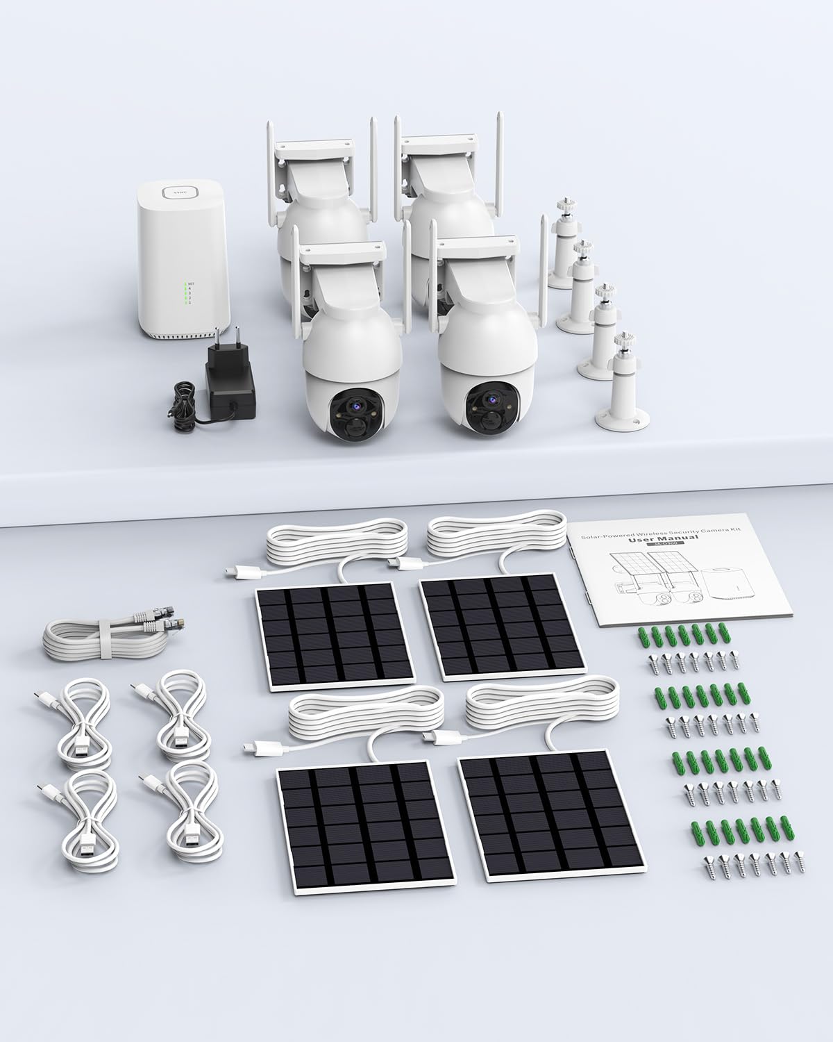 2K Überwachungskamera Aussen Akku Solar, 4-Cam-Kit mit Basisstation, 360° PTZ Kabellos Kamera mit 32G Lokaler Speicher, Keine Gebühren, KI-Erkennung, Farbe Nachtsicht 2 Wege Audio, 5G/2,4G WLAN