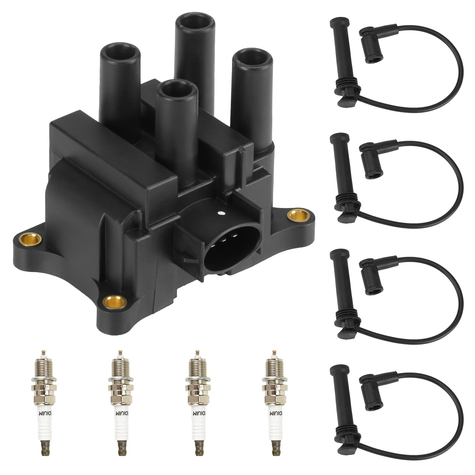 FD497 Ignition Coil & 4 Spark Plugs & 4 Wires 2.0L L4 for Ford