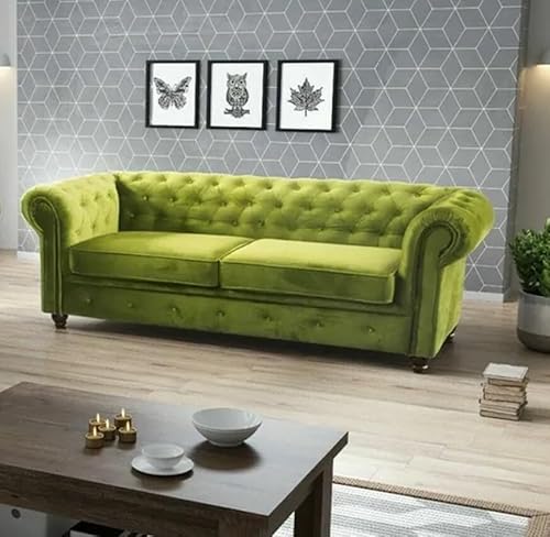Easy4You Chesterfield Hellgrüner Plüsch Velvet 3-Sitzer Sofa 225x74x88 cm Sofas für Wohnzimmer Sofagarnituren mit Holzfüße Set Sofas & Couches