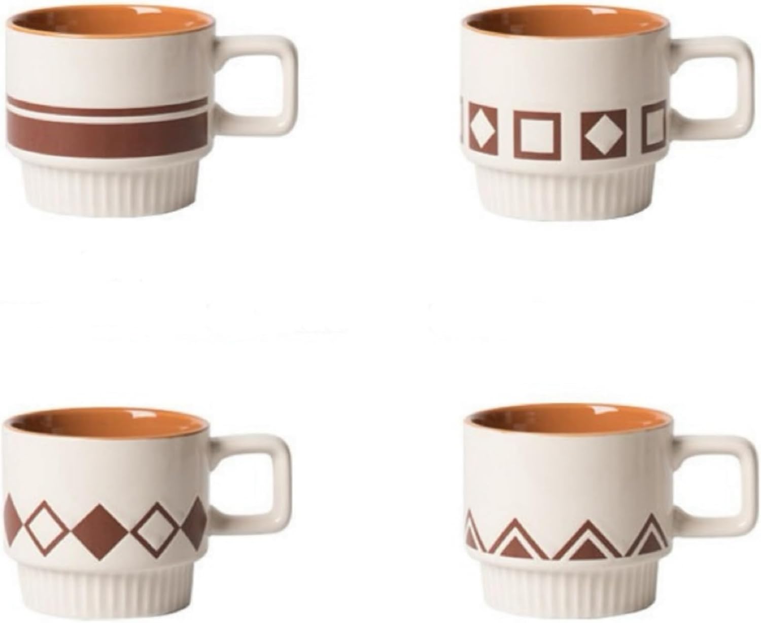 LOWYEPAULHO Coffee Mugs Set, Ceramic Espresso Cups for Au Lait, Cappuccino,Latte,Cafe,Mocha,Tea, Geometric Pattern Cups Suit For Housewarming Wedding- 11 oz, Set of 4, Beige&Brown