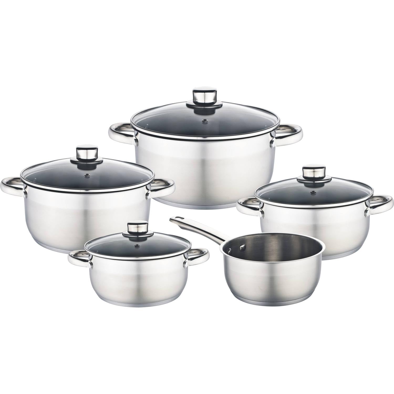 Baumalu, Batterie 9 Pièces INOX en Acier Inoxydable, Couvercle en Verre avec Bord Inox et Trou Vapeur, Compatible Tous Feux et Induction, Résistant au Lave-Vaisselle