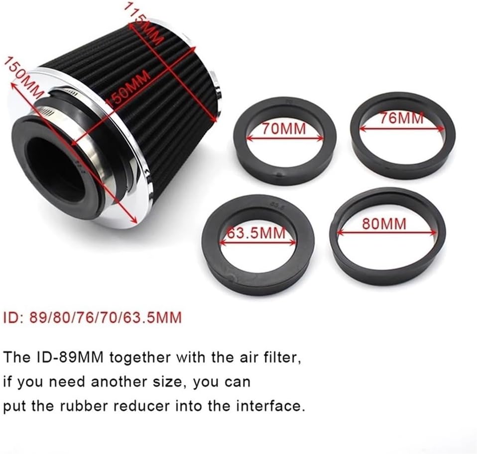 Car High Flow Air Filter Cold Intake Universal Filters with 90 80 76 70 63MM Adapters for Sport Racing Engine(Red)