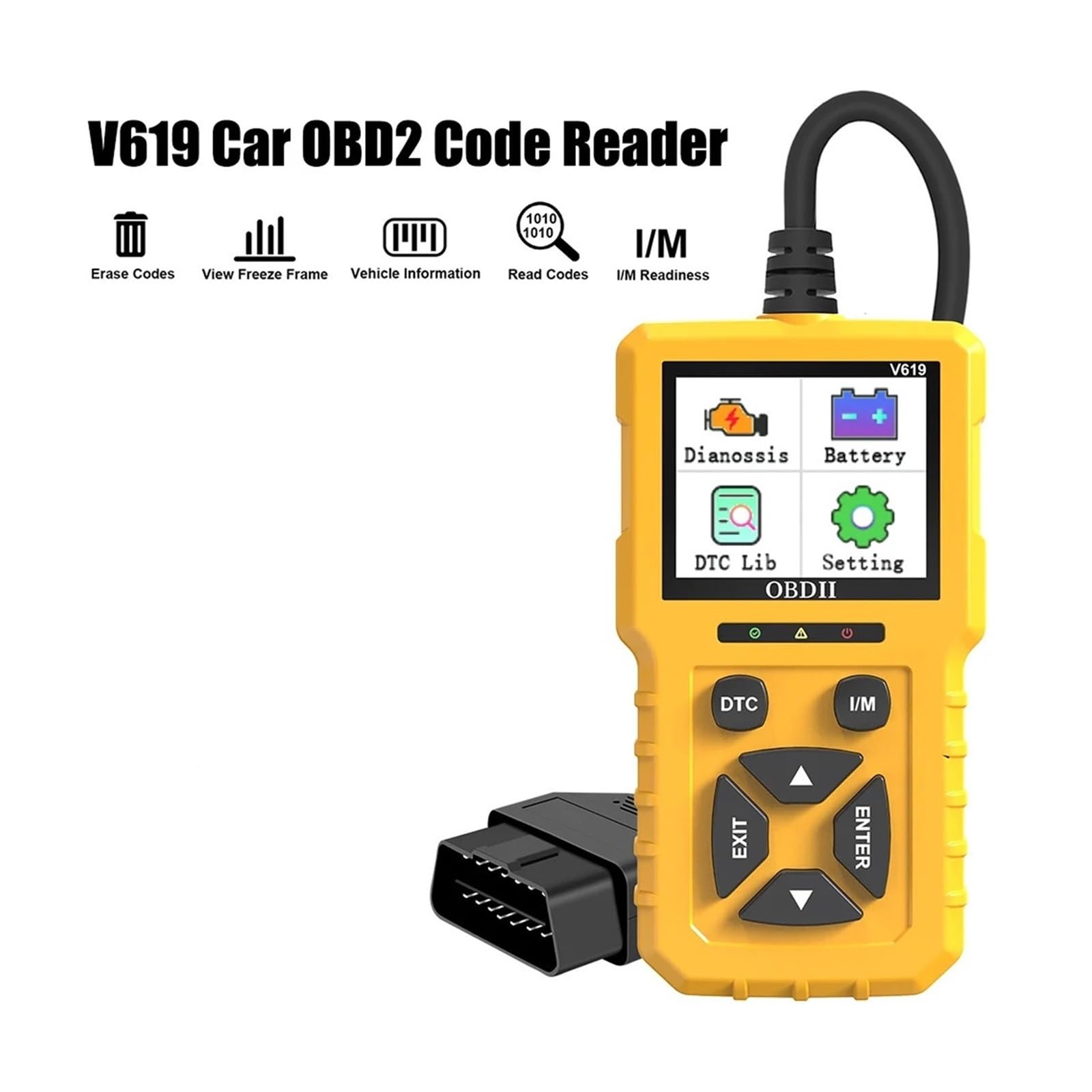 Narzędzie diagnostyczne V619 OBD2 do samochodów Odczyt informacji o pojeździe Czytnik kodów Skaner wielojęzyczny Tester akumulatora Sprawdź system silnika,Przyjazny dla użytkownika(Yellow)