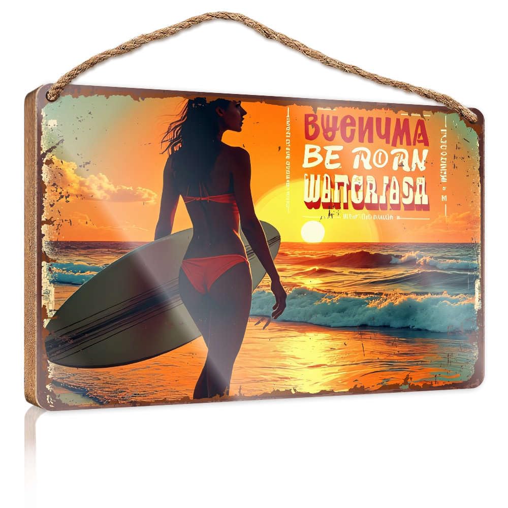 Hanging Decor Sign Surfing Girl At Sunset With Surfboard. Funny Sign Decor Funny Wood Hanging Sign(20X30CM)