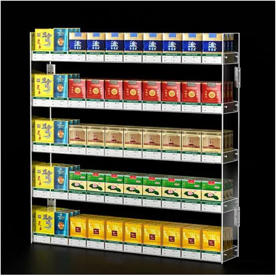 Store Display Shelves Cigarette Display Holder Cigarette Display Case, Acrylic Box Wall Mounted Cigarette Rack Automatic Clear Cigarette Case Pushers Rack Up to 350 Packs of Cigarettes Can Be Placed(6