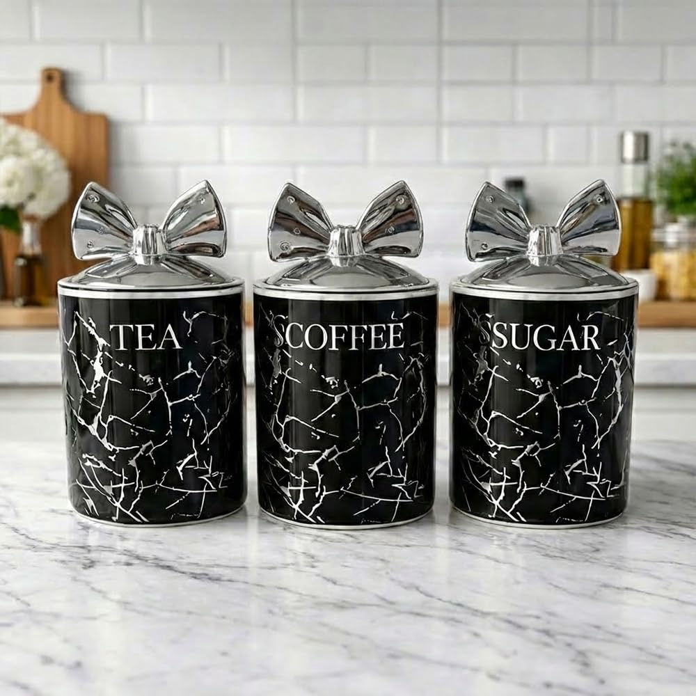 Bmlimited Black Bml Marble Tea Coffee Sugar Canister Set Ceramic Kitchen Storage Jars With Silver Bow Lids Airtight Food Storage Containers For Kitchen Countertop Tea Coffee Sugar Storage Set (Black)
