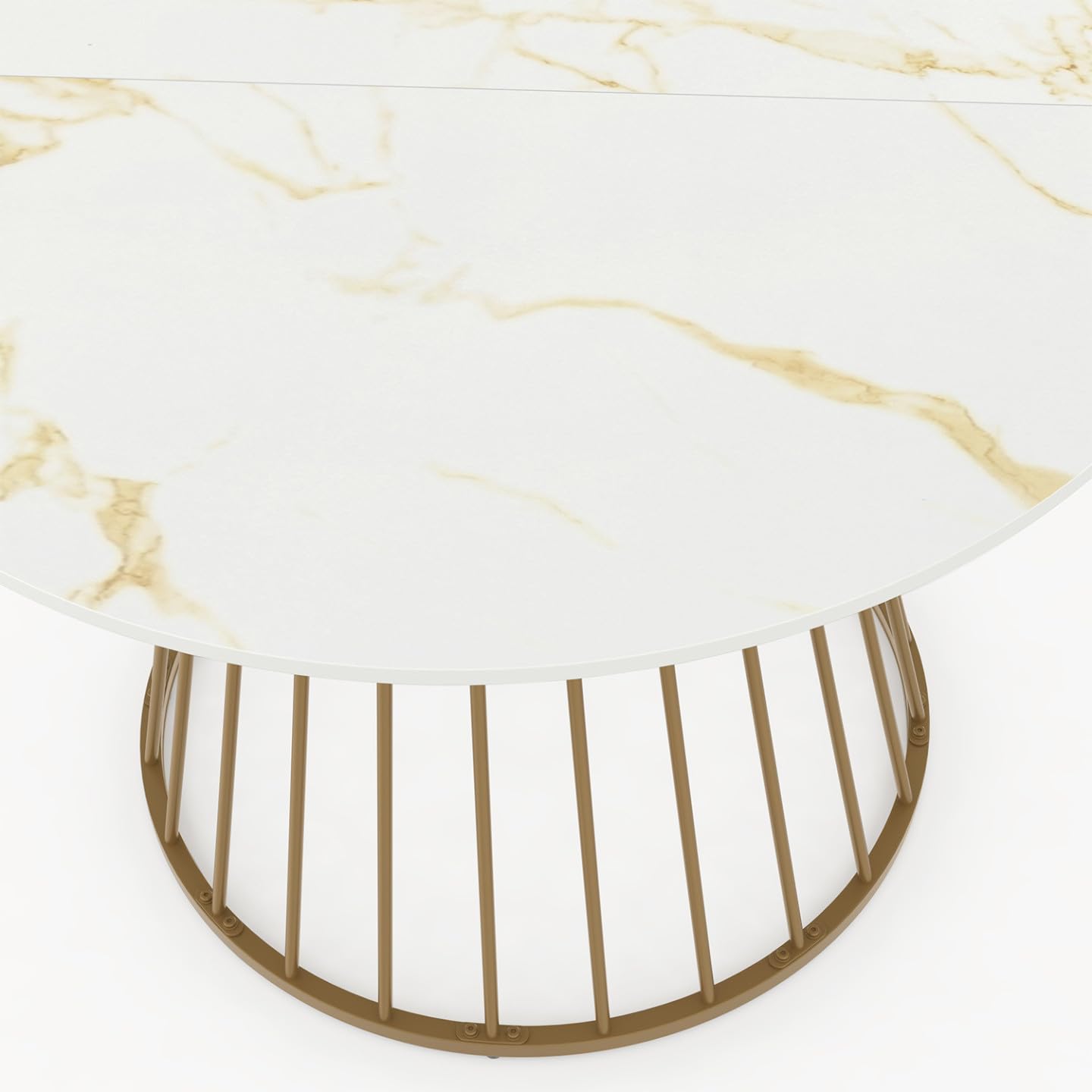 IDMarket - Mesa de comedor redonda YUNA 6 personas con pie de alambre de latón y mesa con efecto mármol blanco Alaska 110 cm