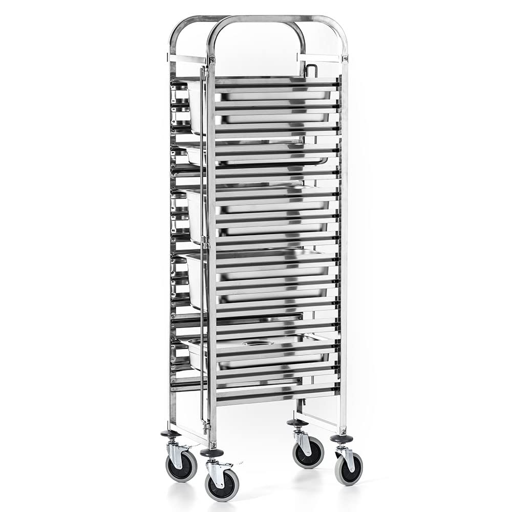 Carello Portavassoi, Carrello di Servizio Con Ruote in Acciaio Inox, per 15 Vassoi GN 1/1, Dimensioni 38x55x173 cm, Carrello da Cucina, Per Ristorante, Hotel, Scuola