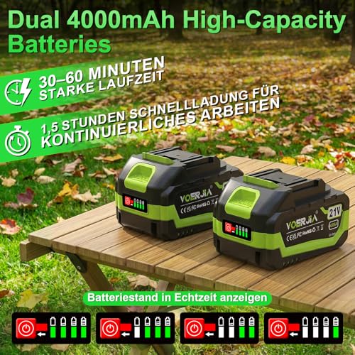 VOERJIA Souffleur à feuilles 21 V avec 2 batteries de 4000 mAh et chargeur, souffleur manuel léger et nettoyeur de poussière, réglage en continu à 3 niveaux, double buse pour jardin, terrasse et neige – vue 3