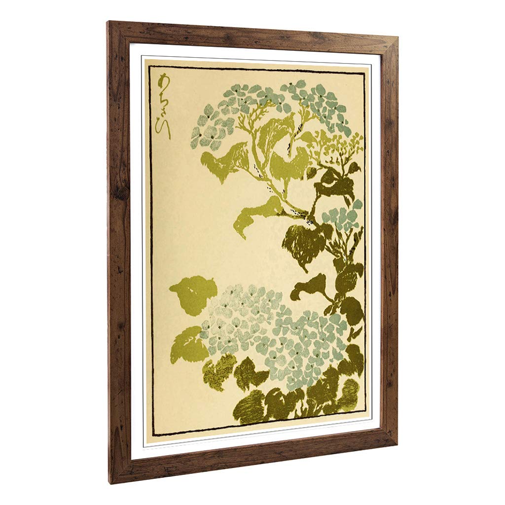 Big Box Art Framed Print of Hydrangea Japanese Oriental Design | Wall Art Picture | Home Decor for Kitchen, Living Room, Bedroom, Hallway, Walnut, A2 / 24.5x18 Inch / 62x45cm