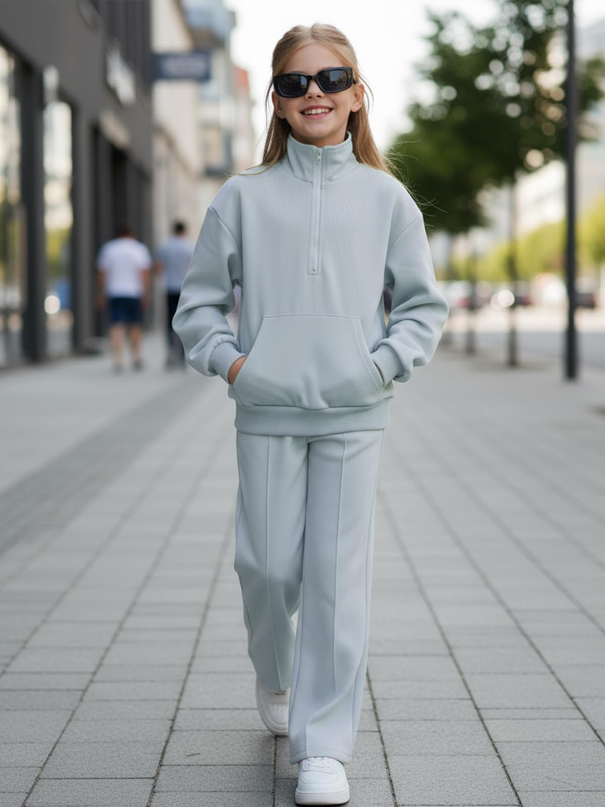Valcatch Tuta da ragazza in 2 pezzi, con mezza zip, felpa e pantaloni a gamba larga, per autunno e inverno, stile casual