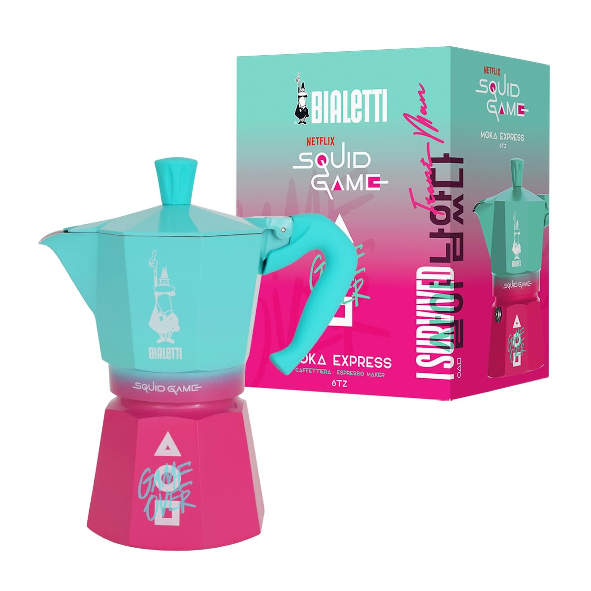 Bialetti Moka Express Squid Game© 6 Tazas, No Apto para Inducción, 270ml, Aluminio