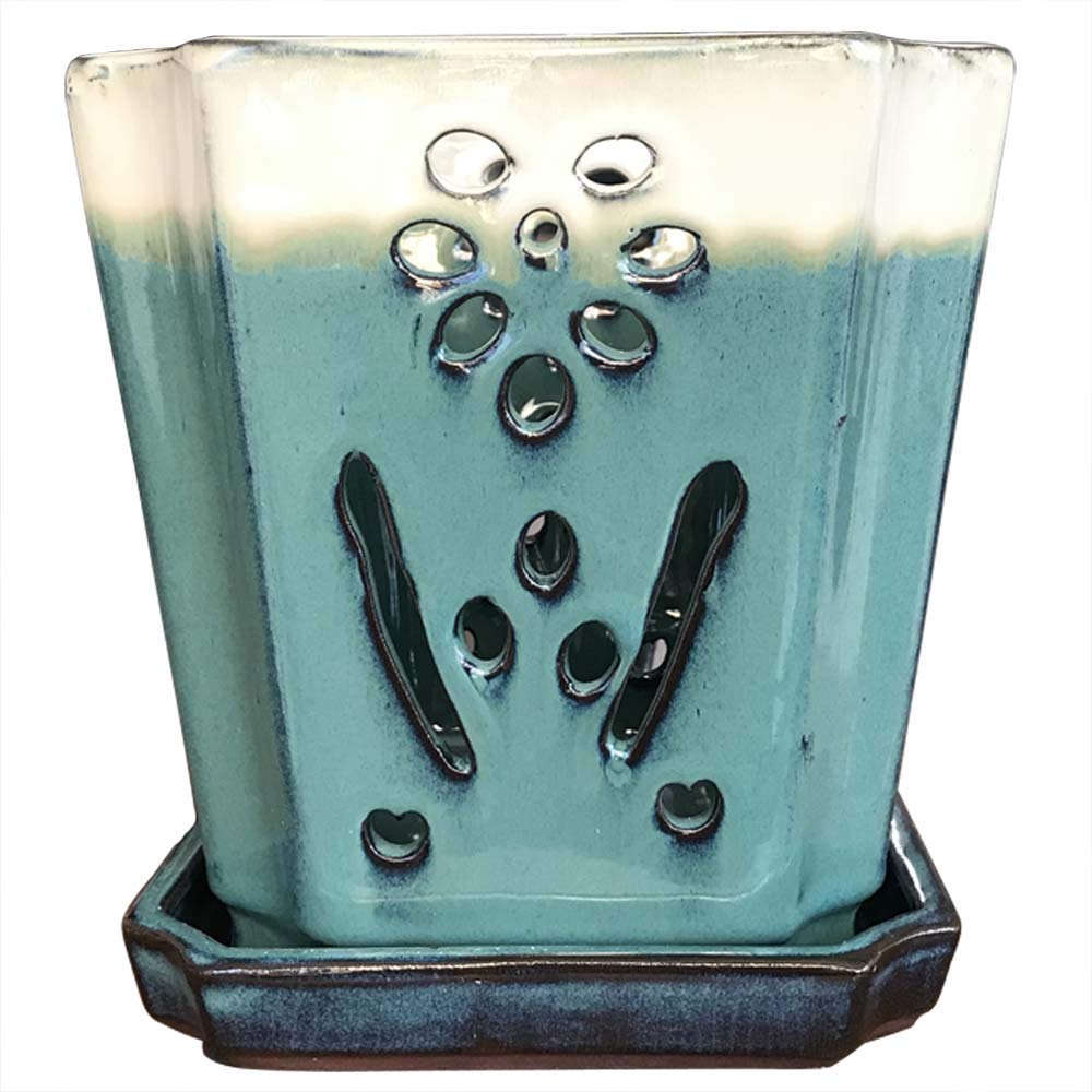 Planter Orchid Orchid Pot Ceramic Orchid Planter with Drainage Holes Square Pots for Orchids Flower Planter Large Indoor and Outdoor Flower Pot(Cream Over Teal Jade)
