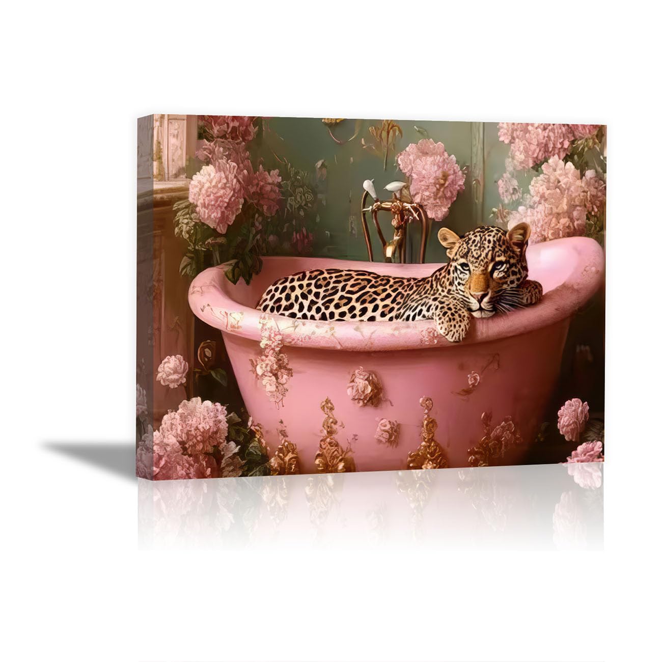 TODOAA Modern Canvas Wall Art Prints Artwork Bathtub Leopard Flowers Canvas Posters Prints -Abstract Animals lion -for Living Room Bedroom Bar Home Decor(Pink 11)-40x60cm Framed — image 1