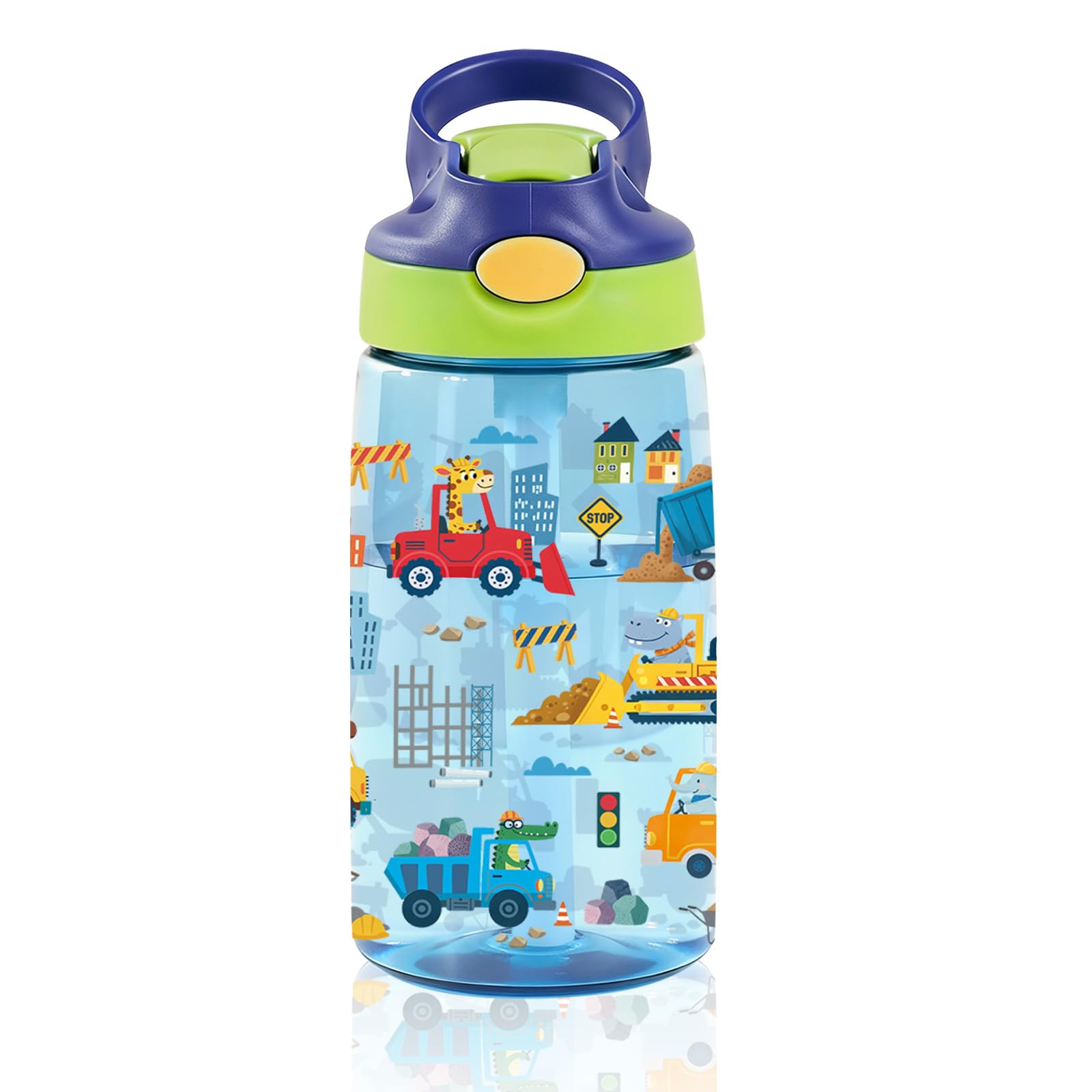 14oz Cute Cartoon Animals Kids Truck Water Bottle with Straw Lid - Vehicles Water Bottles for Kids, Leakproof, Lightweight, Durable Plastic Bottles for School, Construction Gift Cup for Teens