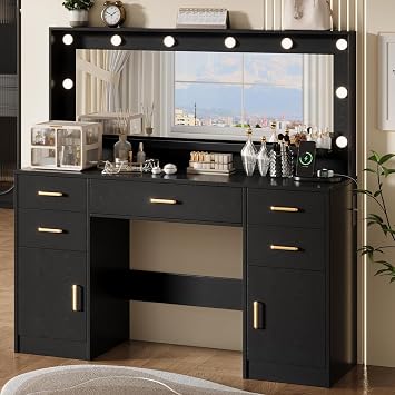 TOKSOM 44.8" Large Vanity Desk with Lighted Mirror & Power Outlet, Black Makeup Vanity Desk with Mirror and Lights, Black Vanity Table with 5 Drawers and 2 Cabinets, Dressing Table for Bedroom