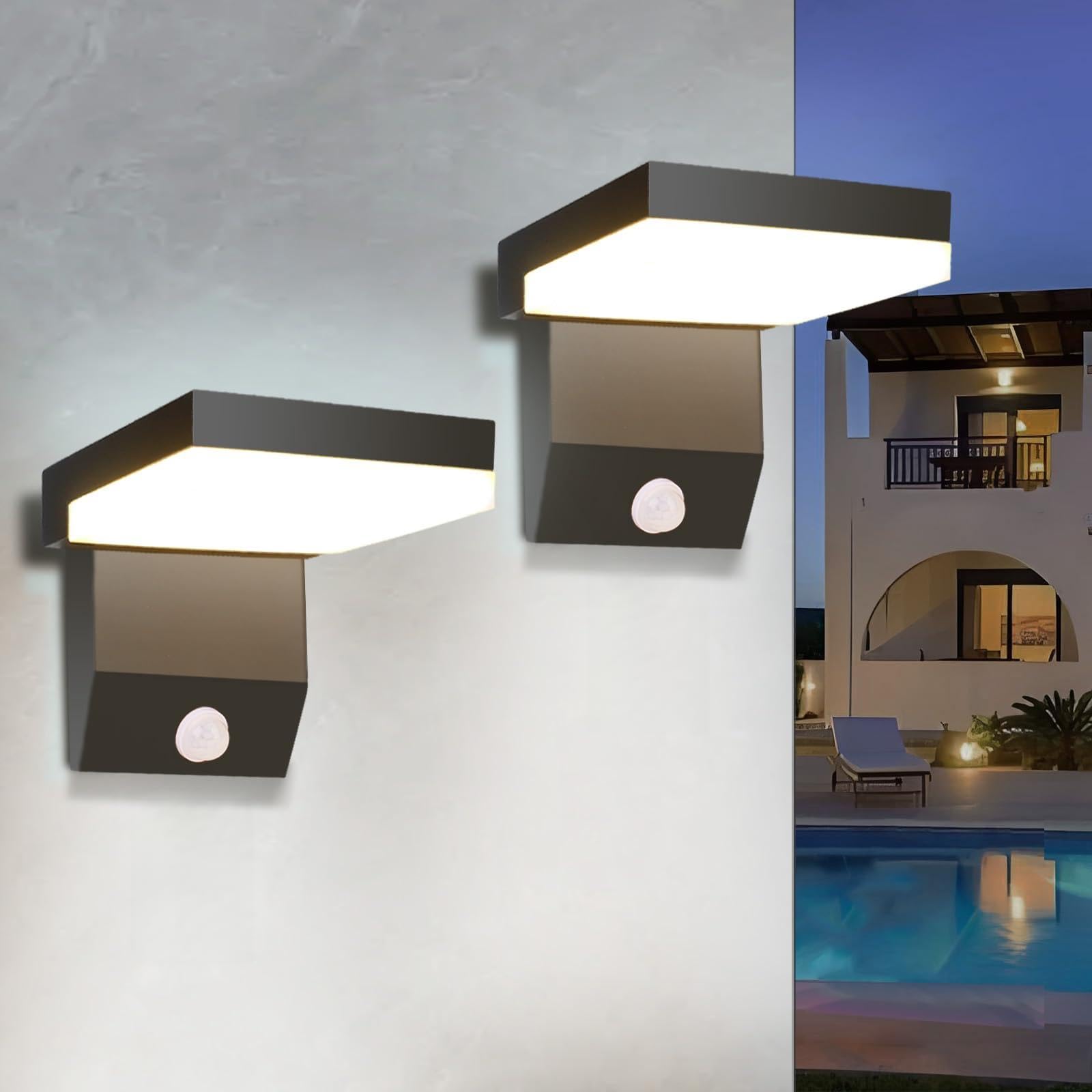 24W Lampada da Esterno con Sensore di Movimento, 2250LM 6000K Applique da Esterno, IP66 Impermeabile Moderno Applique da Parete per Interno, Veranda, Garage, 2 pezzo, Nero