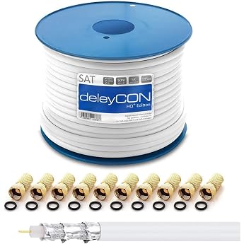 deleyCON HQ+ 50 m TV SAT Coaxial Cable 135 dB 5-Way 10 F-Connector