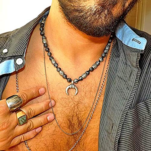 Men's Necklace With Half Moon Silver Pendant And Labradorite Gemstones - Men Neckless - Gift For Men - Mala Necklace - Men Jewelry #TOP1