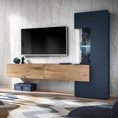 Paris Prix Ensemble Meuble TV Design Marino 210cm Naturel & Bleu