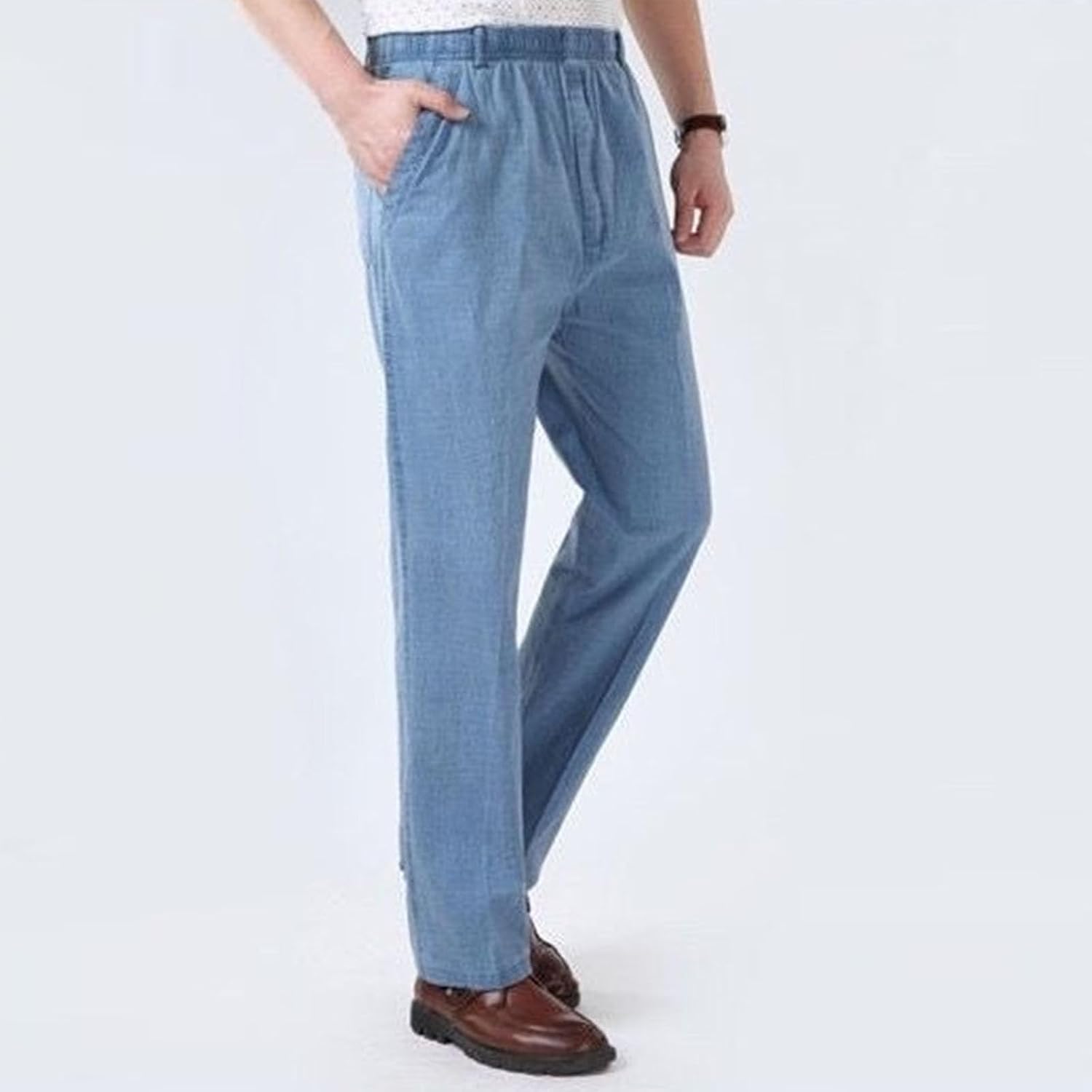 Men Elastic Waist Wide Leg Trousers Classic Comfortable Cotton Business Pants Fall High Waist Casual Straight Pants