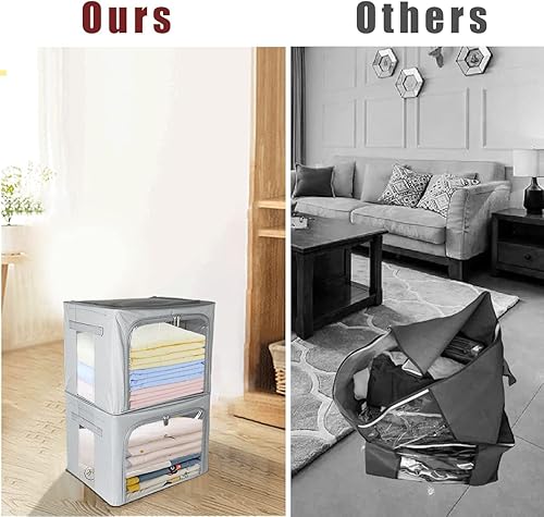 Miniatura 5 de Caja de almacenamiento de ropa organizador plegable apilable asas resistentes con marco de metal para ropa estantes de ropa de cama contenedor de
