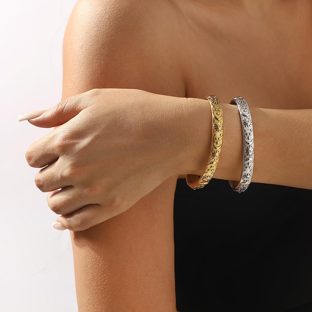 Chunky Gold Silver Boho Bracelet For Wemen, Stainless steel Sun Moon Star Pattern Charm bracelets The Bling Pride Bold Stackable Bangles Jewelry Trendy Gift - Image 5