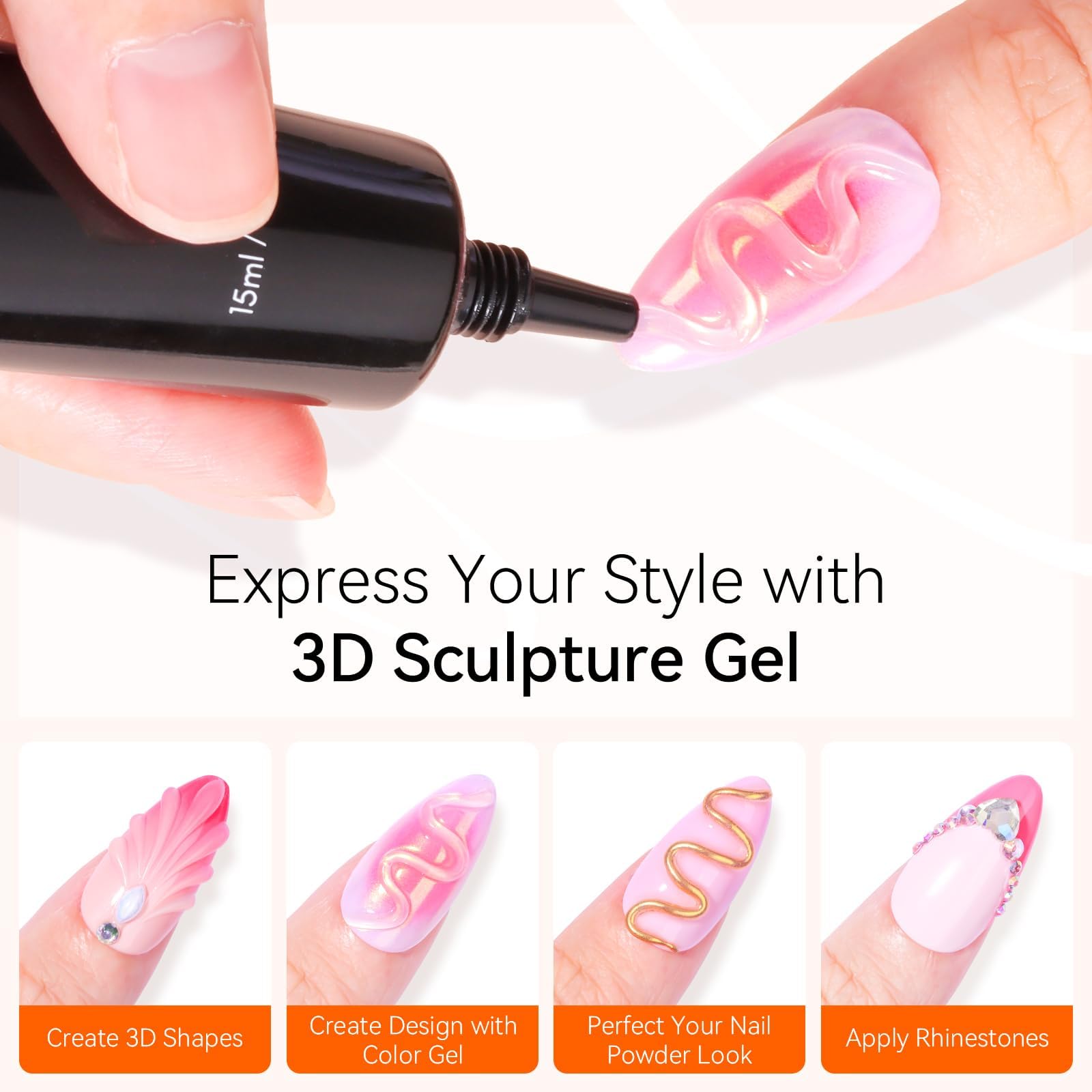 Makartt Gel 3D Nail Art - 3 en 1 Rhinestone Glue Gel pour Ongle & Colle à Ongles Sculpting Gel Polish pour Nail Charms Design dans la salon DIY at Maison Transparent UV LED 15ml - 3