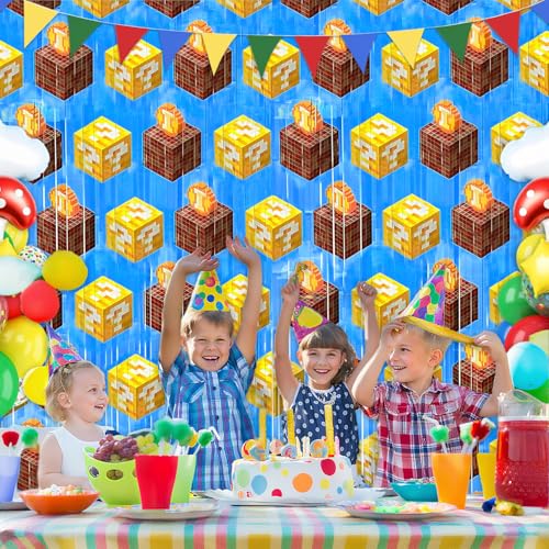 Image of Super Adventure Video Game Party Backdrop, 2 Pcs 3.3 x 6.6 Ft Question Boxes Foil Fringe Curtains Shiny Photo Booth Streamers for Bros Gamer Birthday Party Decorations