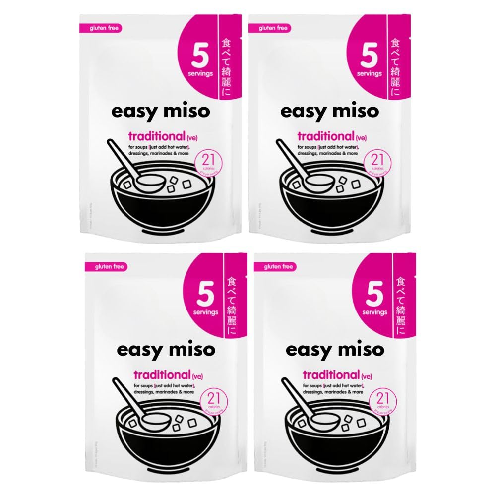 Traditional Miso Easy Soup Paste 105g (5sachets) Pack of 4, Compatible with Itsu Gyoza, Vegan Instant Protein Soy Bean Broth Dressing Marinade Seasoning with Welari Thank You Card | (4pack) (420g)