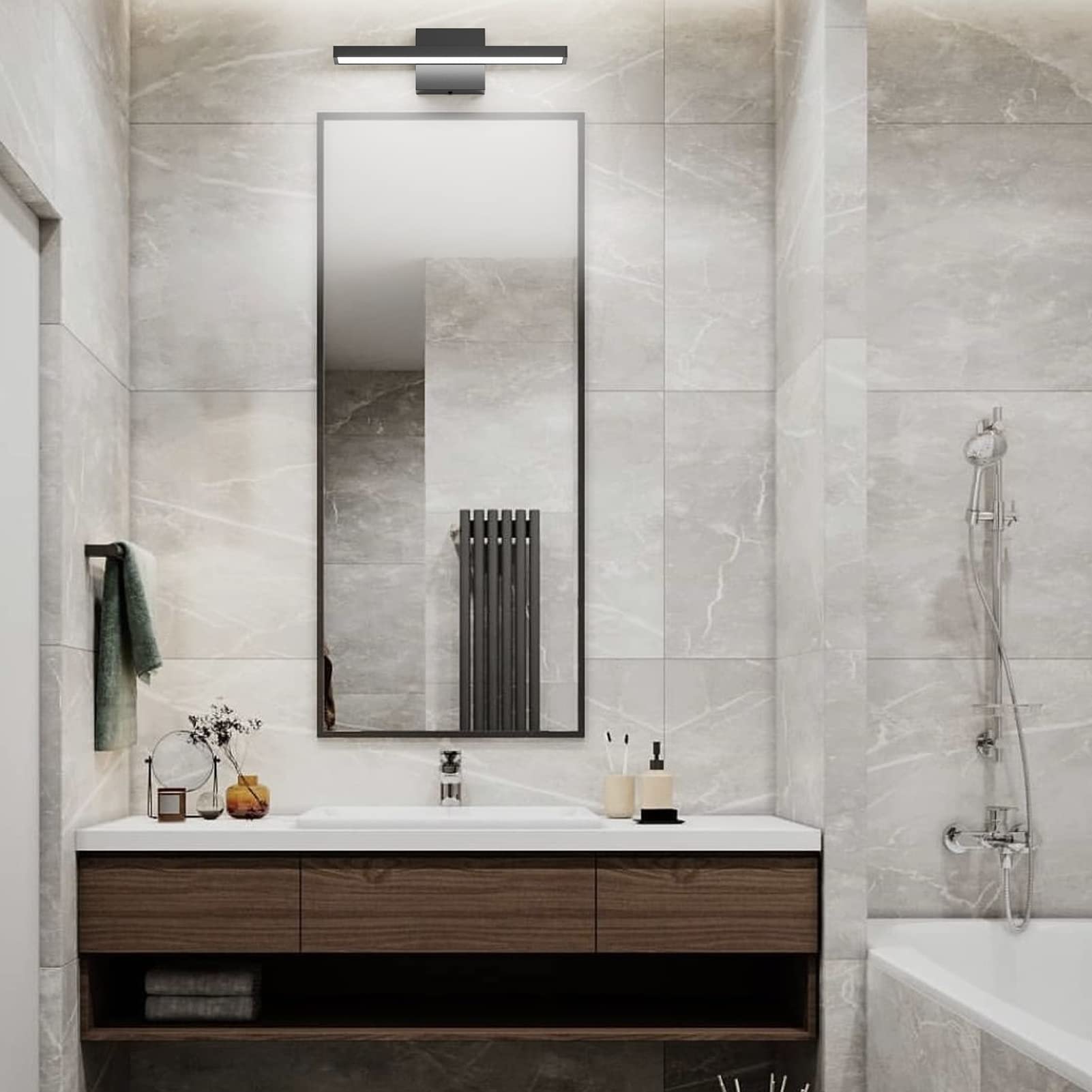Klighten Lampe Miroir LED Salle de Bain 40cm, 12W 1080LM Applique Miroir Salle de Bains, IP44 Lumière Miroir Salle de Bain Moderne, 6000K Blanc Froid, 60 LEDs, 110-240V, Noir