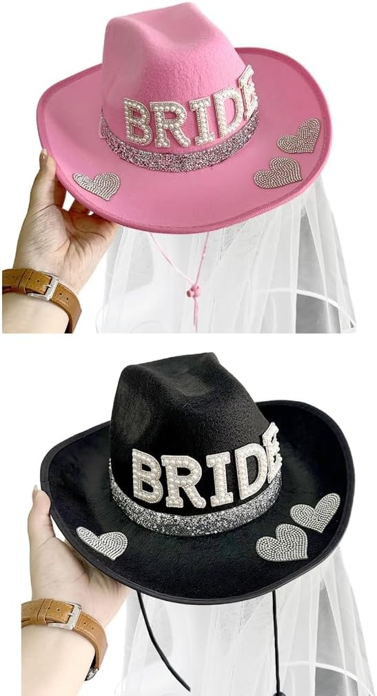 Bachelorette Party Hat with Veil for Bridal Party Women Cowgirl Hat Wedding Accs