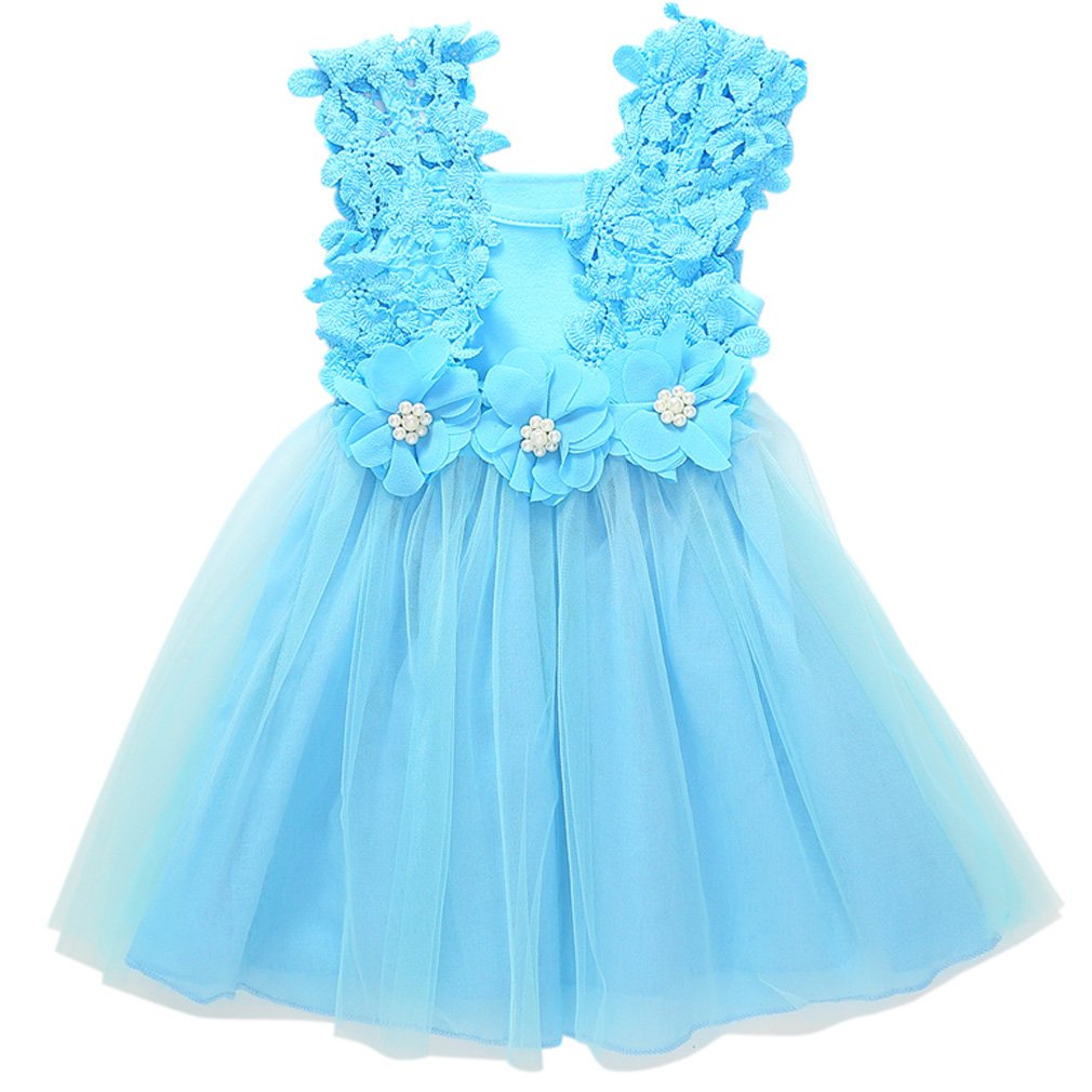 Niyage Toddler Girls Flower Crochet Lace Straps Tutu Dress with Tulle Skirt Blue 110