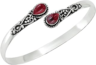 Pear Shape Natural Gemstones Bangle for Women - 925 Sterling Silver Plated Handmade Cuff Bracelet - Birthstone Adjustable Open Bangle Jewelry - Gift for Wedding Anniversaries Valentine's Day Christmas