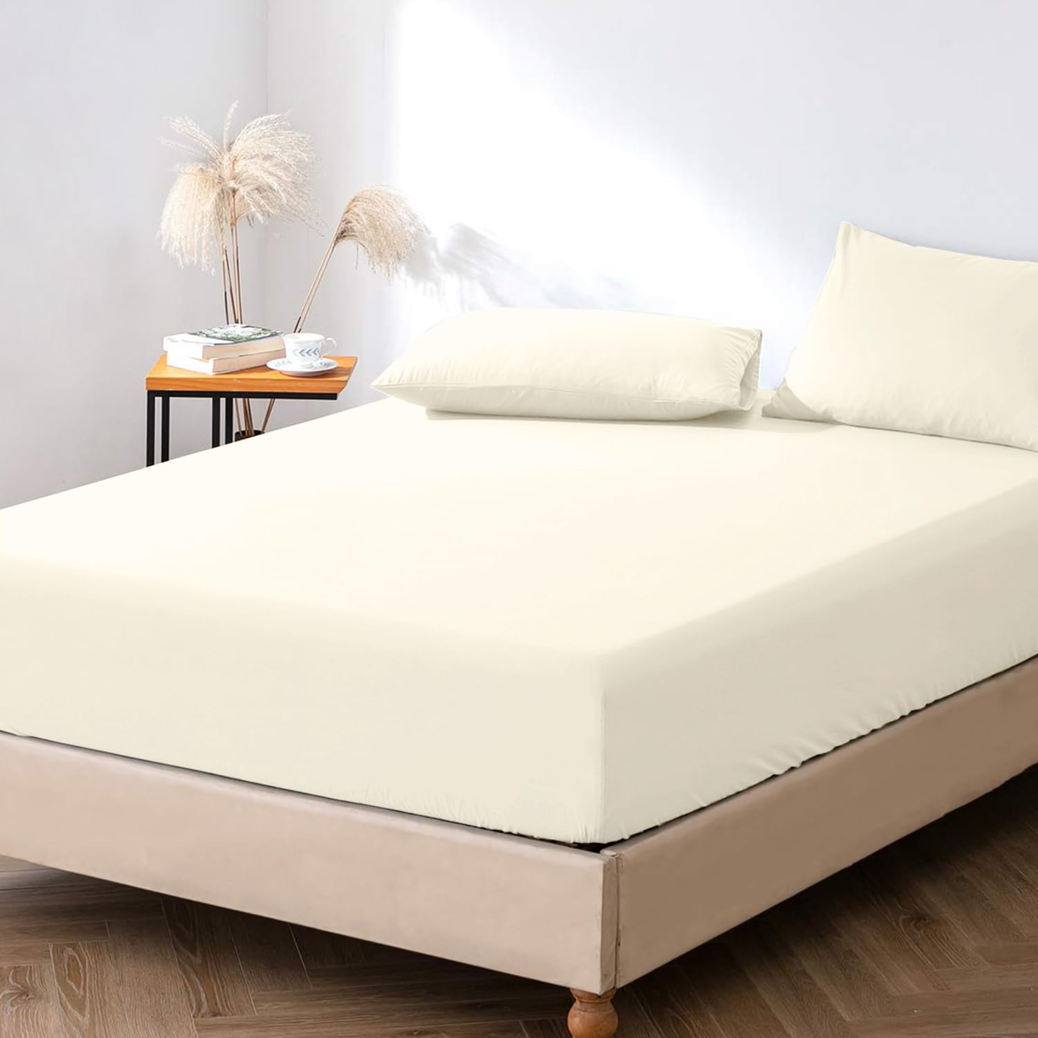 Pizuna 100% Cotton Fitted Bedsheets Queen Size, 400 Thread Count Long Staple Cotton SateenFitted Bedsheet 63x76 Inch with 2 Pillow Covers, New Ivory Queen Size Elastic Fitted Bedsheets fits 12 Inch