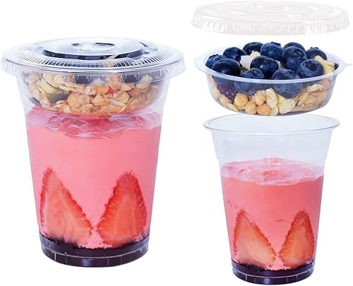 botogift 50 juegos de vasos de plástico transparente de 12 onzas con inserto y tapas planas (sin agujero), vasos desechables para parfait con tapas