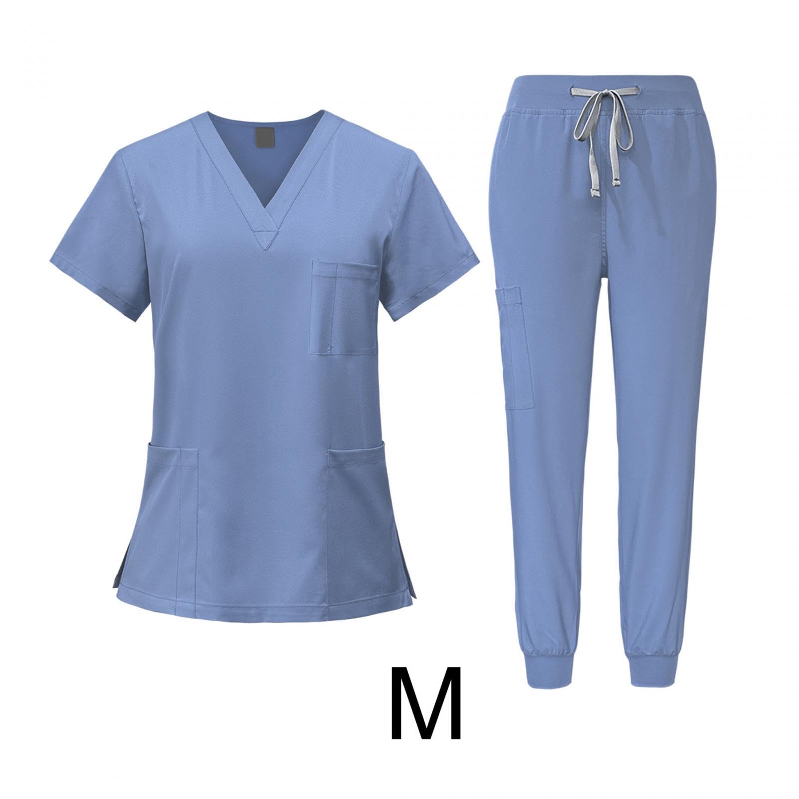 LOVIVER Female Scrub Set Nurse Workwear V Neckline Professional Machine Washable Top and Joggers Pant Work Clothing for Beauty Center, Light Blue, M