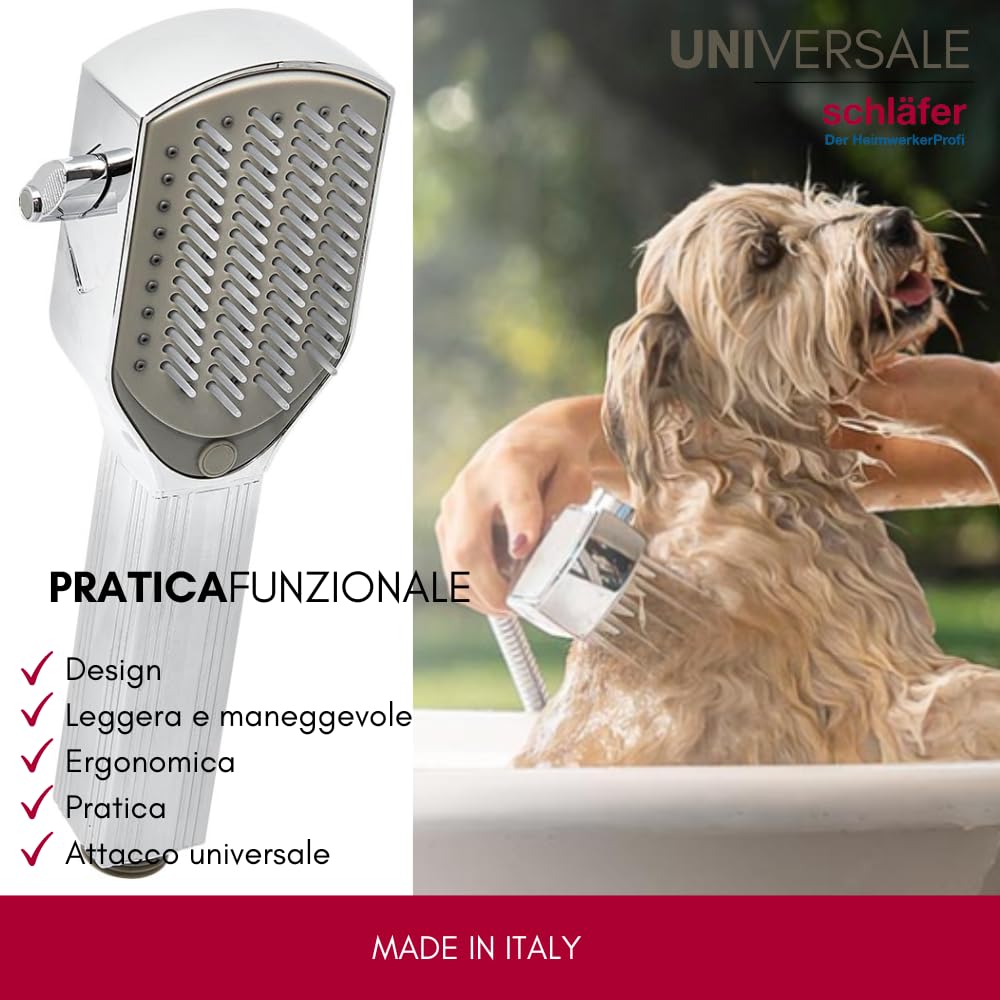 Schläfer 1303900 | Cabezal de ducha con cepillo y lima para mascotas | Cepillo de baño y peine para perros, gatos | Cabezal de ducha, pulverizador en ABS cromado