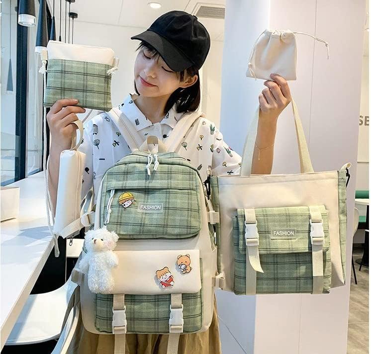 Miniatura 2 de Juego de 5 mochilas Kawaii de lona con bonitos alfileres colgantes de oso a cuadros, asa a cuadros, bolsa de hombro, Verde, Mediana