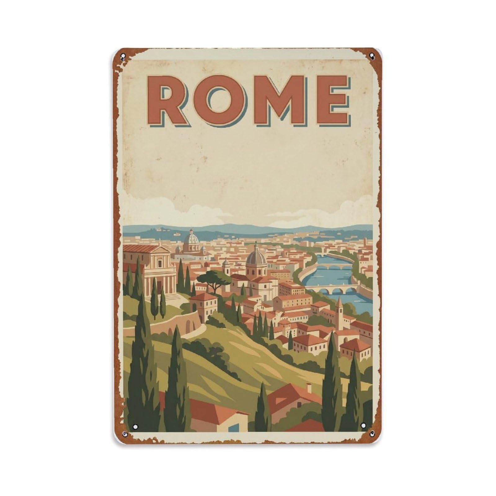 Vintage Travel Rome Janiculum Hill Panoramic Viewpoint Rusted Italy Metal Tin Sign Plaque Wall Decor for Cafe, Club Bar, Office, Home Garden Metal Poster 8x12Inch