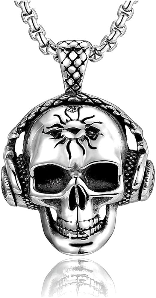 Mens Vintage Headphone Pendant Necklace, Stainless Steel Antique Silver Pendant with Wheat Chain, Punk Rock Style for Music Lovers