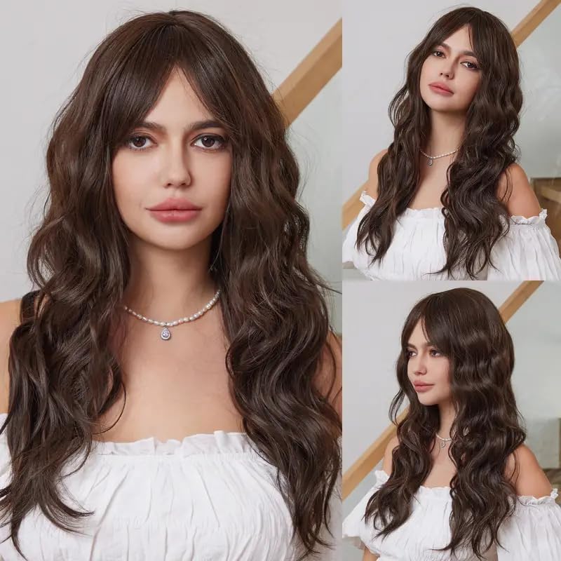 Image of Long Wavy Brown Wig with Bangs for Women | Full Head Synthetic Hair Wig | (Pack of 1) WigCap & Comb | Washable | Natural Looking Hair Loss Solution Alopecia Hair Wigs